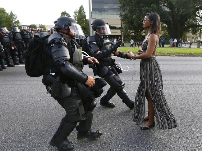 Critics said the Pepsi ad appeared to trivialise this protest photo featuring Ieshia Evans. She was detained by law enforcement near the Baton Rouge Police Department headquarters in Louisiana on July 9, 2016. Picture: Reuters/Jonathan Bachman