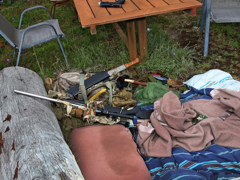 Multiple weapons and knives were found at the Train’s property among camouflage gear and blankets.