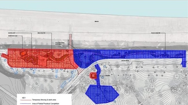 The north end (blue) of Bundilla Beach is open to the public as of February 27. The southern end (red) will open to the public in May, 2025. Picture: City of Darwin