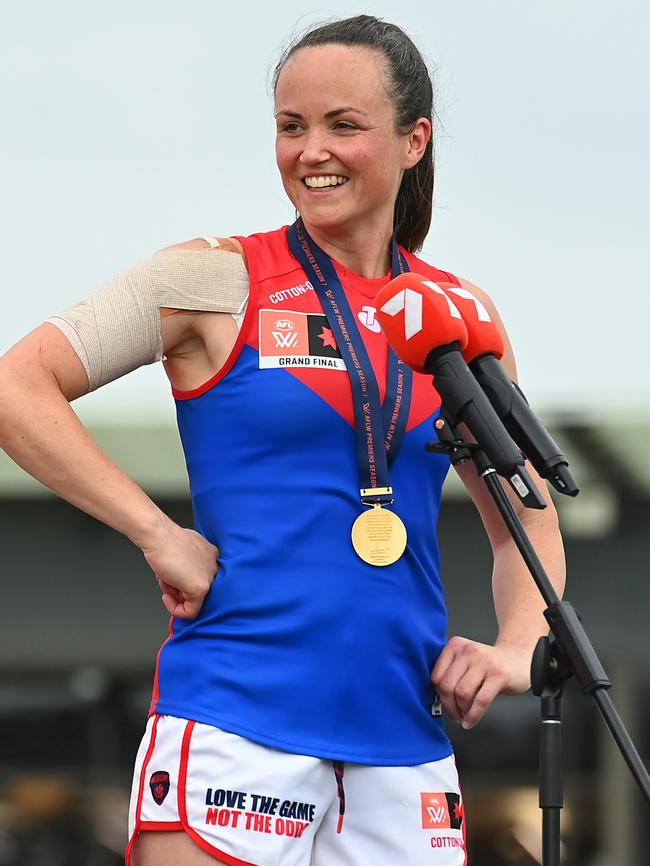 Daisy Pearce after winning the 2022 AFLW Grand Final with Melbourne. Picture: Albert Perez/AFL Photos/Getty Images