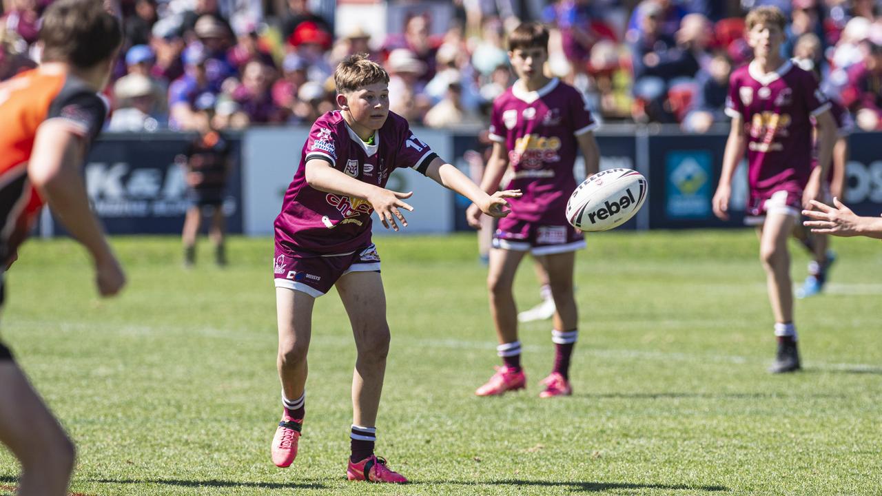 Austin Sinclair passes for Dalby Devils against Southern Suburbs in U14 boys Toowoomba Junior Rugby League grand final at Toowoomba Sports Ground, Saturday, September 7, 2024. Picture: Kevin Farmer