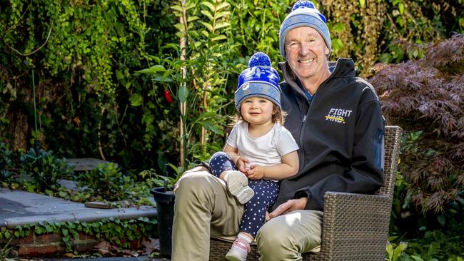 Neale Daniher and granddaughter Rosie promote this year’s FightMND Big Freeze beanies. Picture: Tim Carrafa