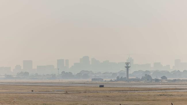 Smoke from Victoria passes over Adelaide CBD on Sunday 2nd Feb 2025. Picture: Ben Clark