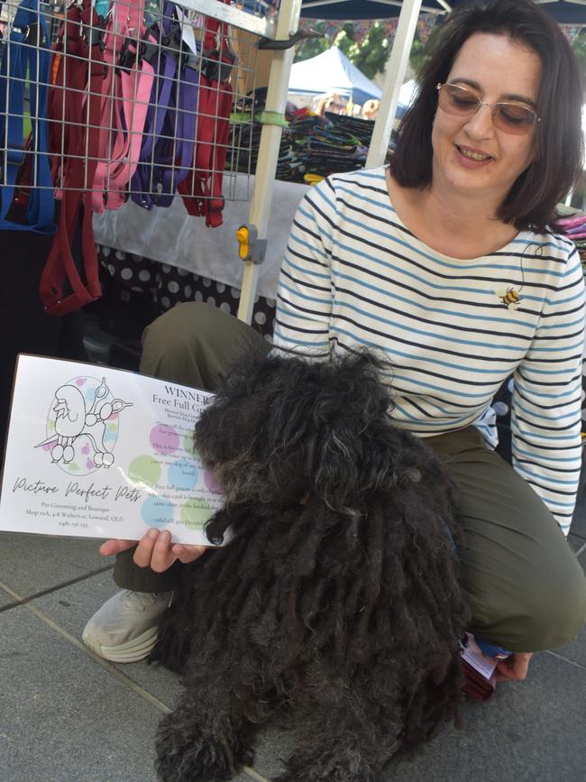 Ipswich 2023 Dog Day at Nicholas Street Precinct pictured is Grit Tarrant with dog Tom who was the hairiest dog winner