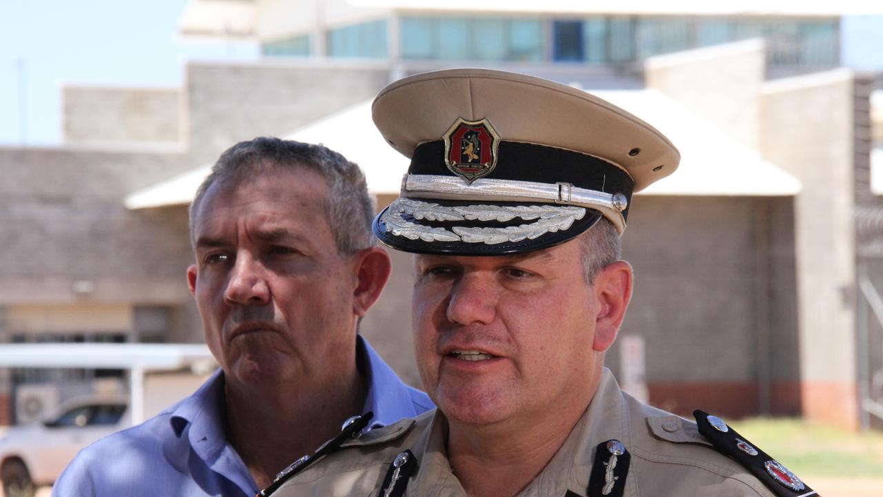 NT corrections commissioner Matthew Varley and Deputy chief minister Gerard Maley speak to the media at the Alice Springs Correctional Centre. Picture: Gera Kazakov