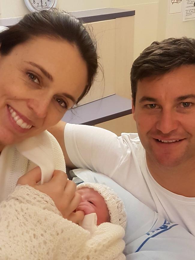 Jacinda Ardern and partner Clarke Gayford pose for a photo with their baby daughter on June 21, 2018 in Auckland, New Zealand. Picture: Office of the Prime Minister of New Zealand via Getty Images