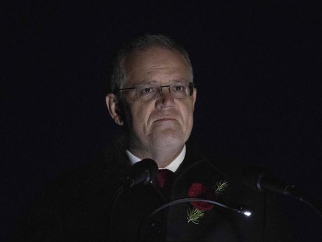 Prime Minister Scott Morrison at the Australian War Memorial dawn service in Canberra. Picture: NCA NewsWire / Gary Ramage