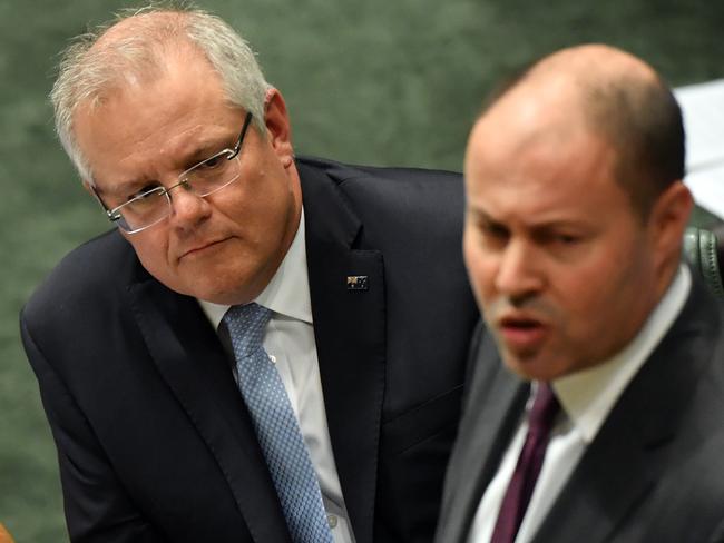 Prime Minister Scott Morrison and Treasurer Josh Frydenberg in the House of Representatives at Parliament House.