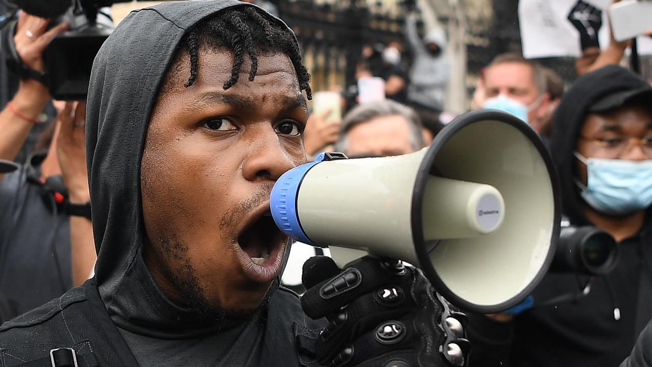 British actor John Boyega speaks to protesters in Parliament square during the anti-racism demonstration in London. Picture: Daniel Leal-Olivas/AFP