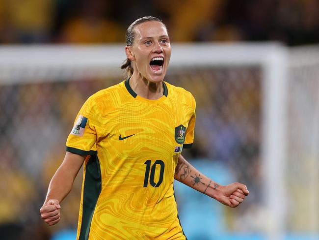 BRISBANE, AUSTRALIA - JULY 27: Emily Van-Egmond of Australia celebrates after scoring her team's first goal during the FIFA Women's World Cup Australia & New Zealand 2023 Group B match between Australia and Nigeria at Brisbane Stadium on July 27, 2023 in Brisbane / Meaanjin, Australia. (Photo by Elsa - FIFA/FIFA via Getty Images)