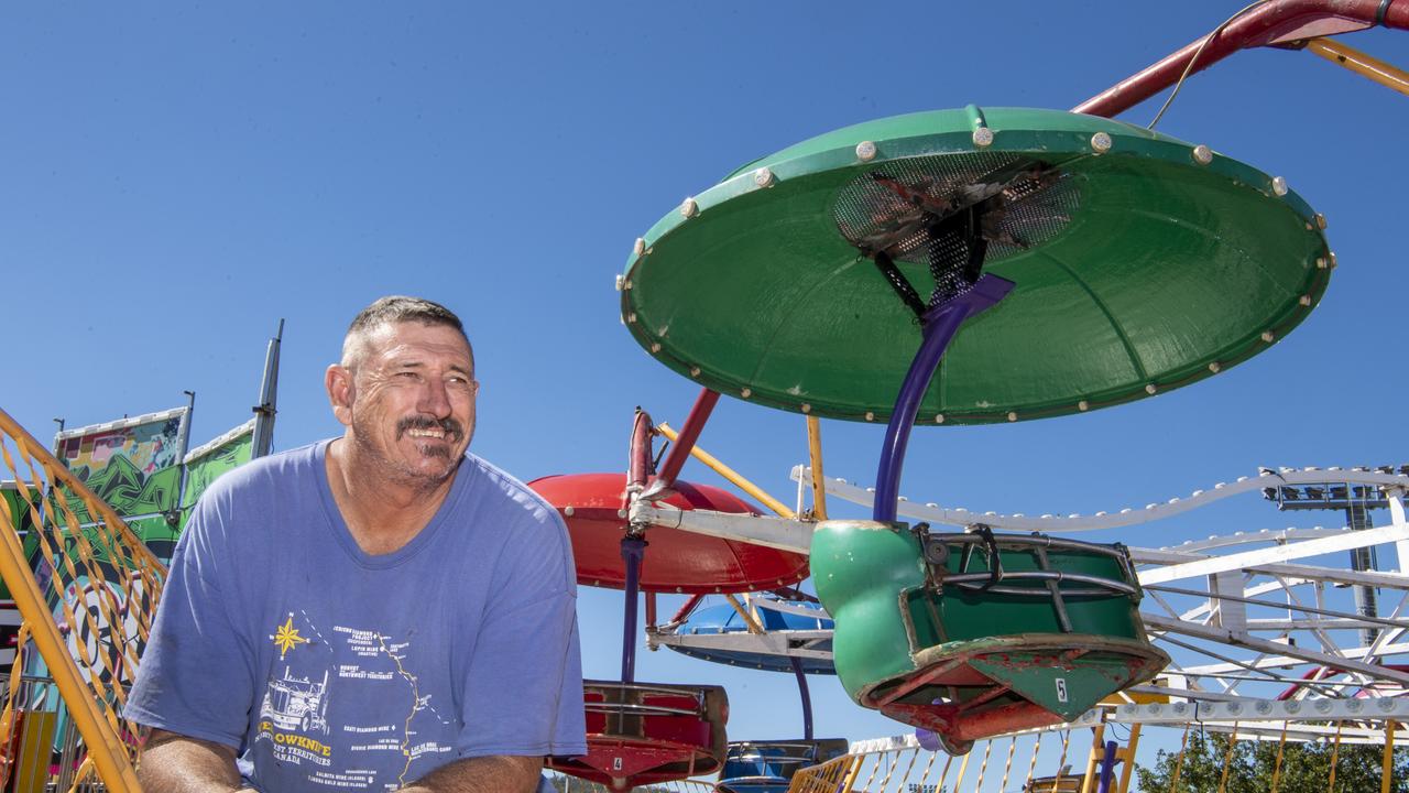 Sixth generation showman Mick Allan takes a break from setting up rides for the Toowoomba Royal Show. Picture: Nev Madsen.