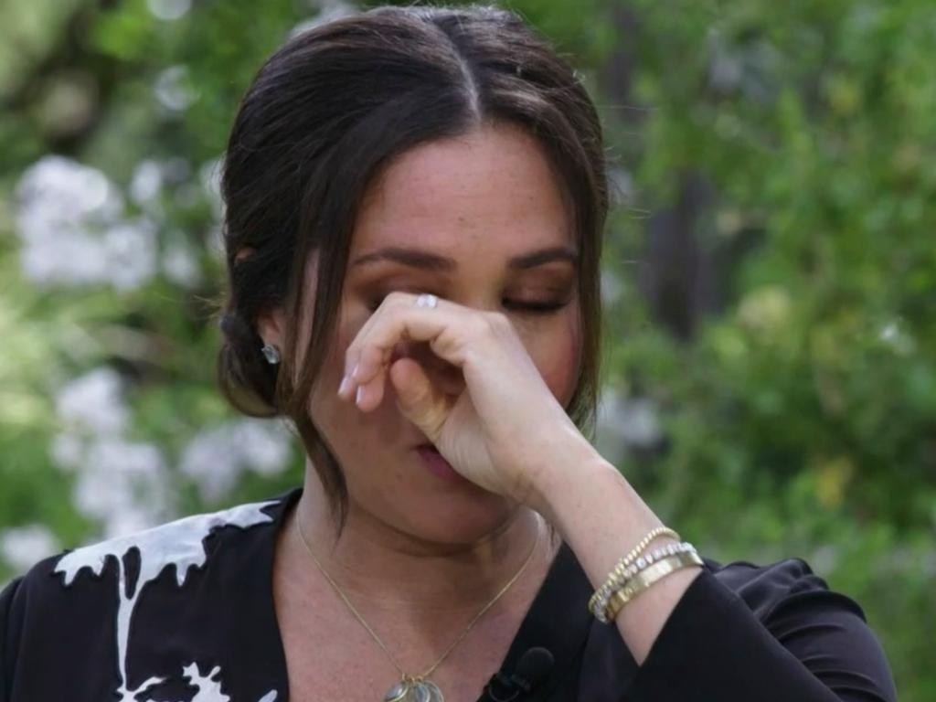 Meghan Markle tears up during the big tell-all. Picture: CBS.