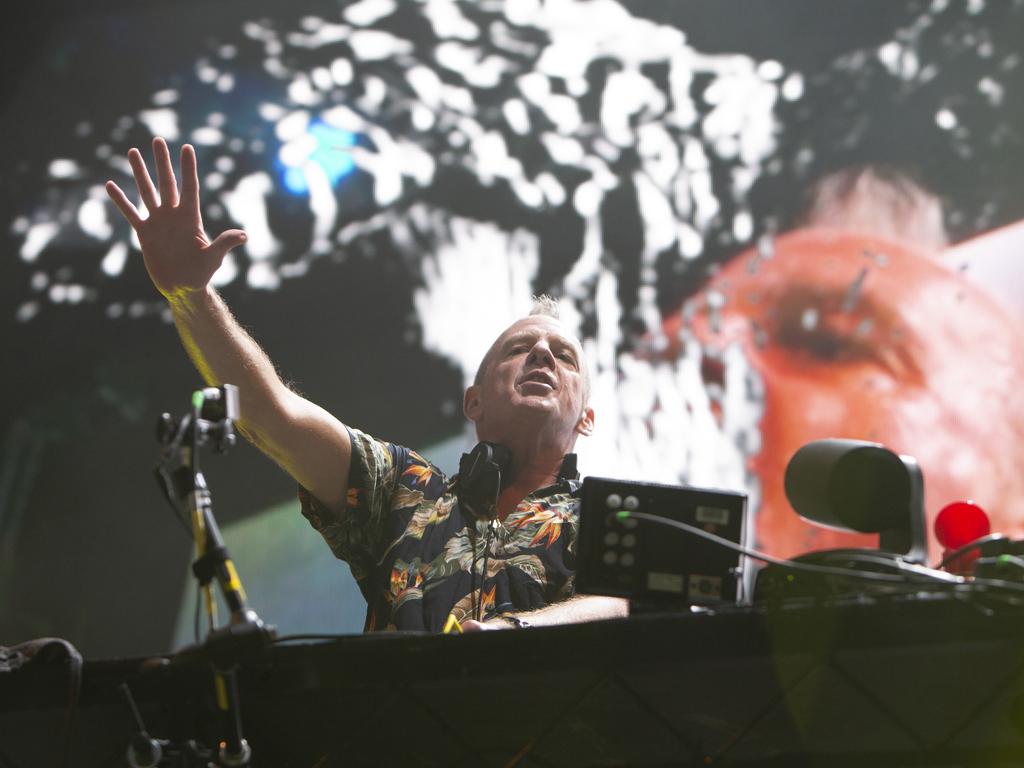 Fatboy Slim in concert on Glenelg Beach in Adelaide. Picture: AAP