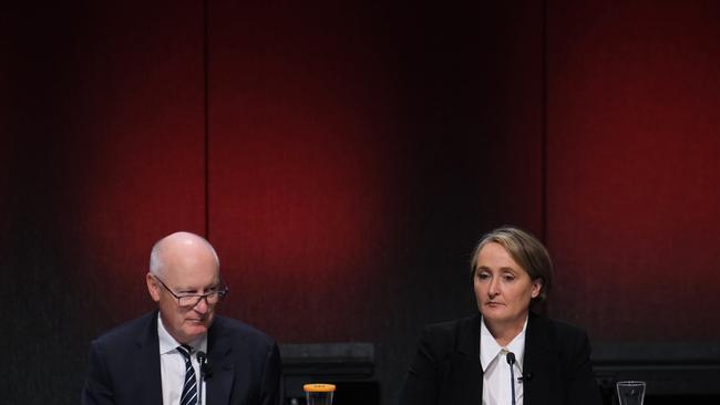 Qantas chair Richard Goyder and CEO Vanessa Hudson at Qantas’ annual shareholder meeting in Melbourne last year.Picture: Luis Ascui/NCA NewsWire