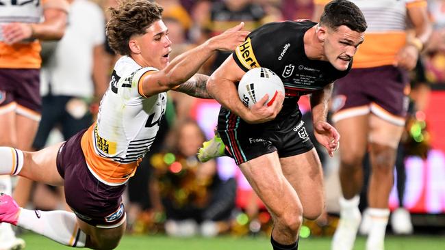 SYDNEY, AUSTRALIA - OCTOBER 01: Nathan Cleary of the Panthers gets past Reece Walsh of the Broncos before scoring a try during the 2023 NRL Grand Final match between Penrith Panthers and Brisbane Broncos at Accor Stadium on October 01, 2023 in Sydney, Australia. (Photo by Bradley Kanaris/Getty Images)