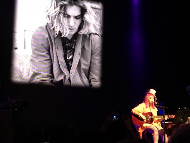 Madonna projected an image of her son Rocco behind her as she dedicated a song to son Rocco. Picture: Trent Titmarsh