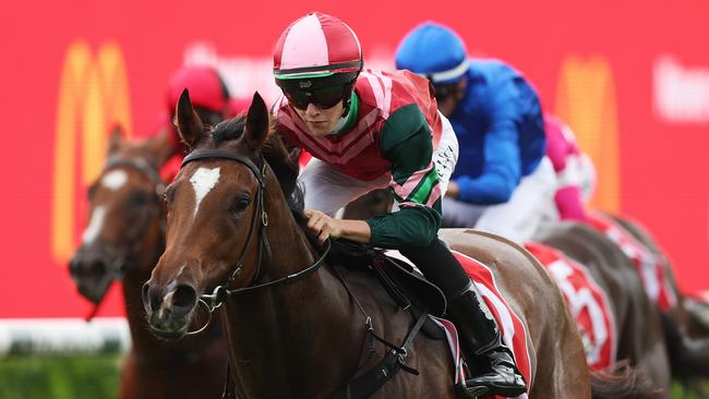 SYDNEY, AUSTRALIA - MARCH 22: Zac Lloyd riding Kimochi wins Race 1 The CHC Powering The Chase Handicap during Sydney Racing at Royal Randwick Racecourse on March 22, 2023 in Sydney, Australia. (Photo by Mark Metcalfe/Getty Images)