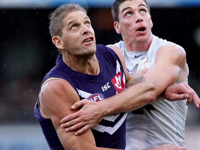 PERTH, WESTERN AUSTRALIA - MAY 21:  Aaron Sandilands of the Dockers contests a ruck with Matthew Kreuzer of the Blues during the round nine AFL match between the Fremantle Dockers and the Carlton Blues at Domain Stadium on May 21, 2017 in Perth, Australia.  (Photo by Will Russell/AFL Media/Getty Images)