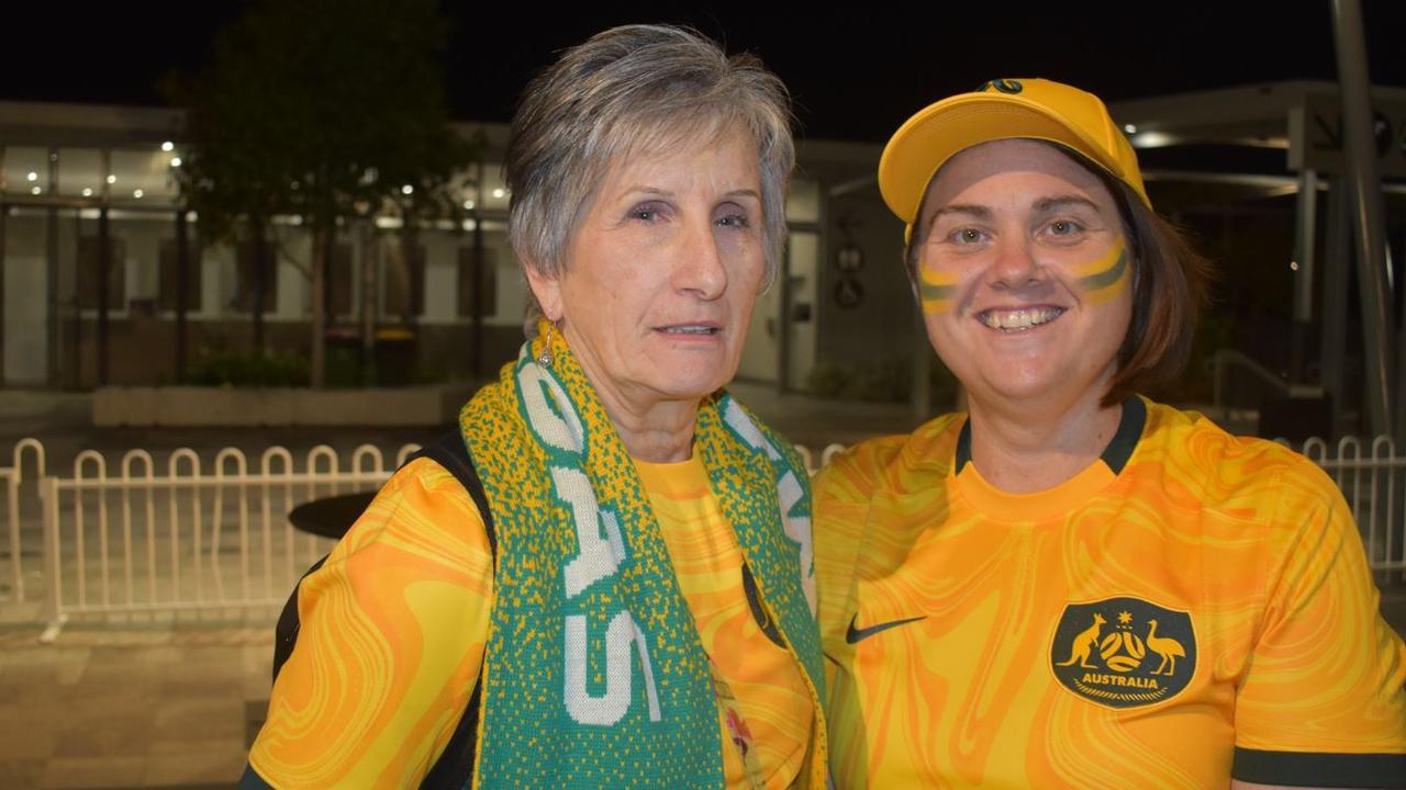 Carol Stockdale and Kimberlee Barnham watching the Matildas vs England semi-final clash in Ipswich. Photos by Georgie Walker.