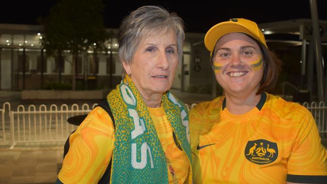 Carol Stockdale and Kimberlee Barnham watching the Matildas vs England semi-final clash in Ipswich. Photos by Georgie Walker.