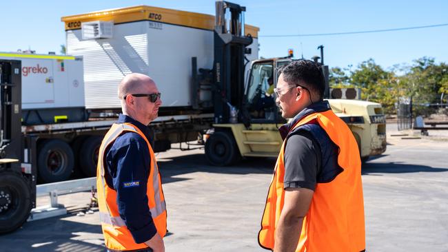 CopperString Project Director Tom Dockray is shown around the Hughenden construction by Townsville-based ACTO Sales Representative Ari Smith.