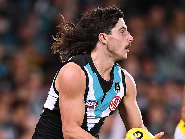 ADELAIDE, AUSTRALIA - APRIL 09: Lachlan Jones of Port Adelaide during the round four AFL match between the Port Adelaide Power and the Richmond Tigers at Adelaide Oval on April 09, 2021 in Adelaide, Australia. (Photo by Mark Brake/Getty Images)