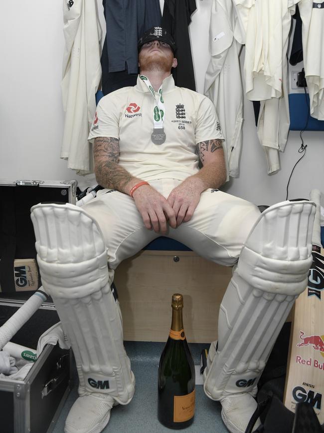 Man of the match Ben Stokes takes a moment in the dressing room his glorious innings to win the Third Test at Headingley. Picture: Getty Images