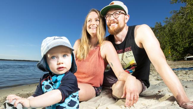 Sabine Gehring and David Froede, from Munich, with 12-month-old son Benjamin holidaying at Noosa River Caravan Park. Picture: Lachie Millard.