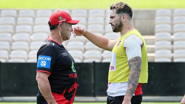 Bird talks with new Dragons coach Shane Flanagan during pre-season. Picture: Richard Dobson