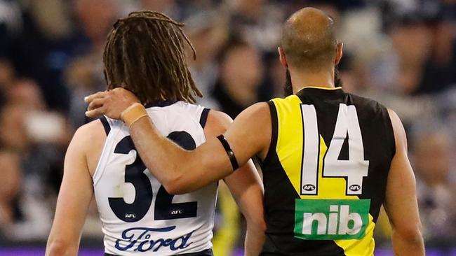 Bachar Houli and Gryan Miers during the preliminary final. Picture: AAP