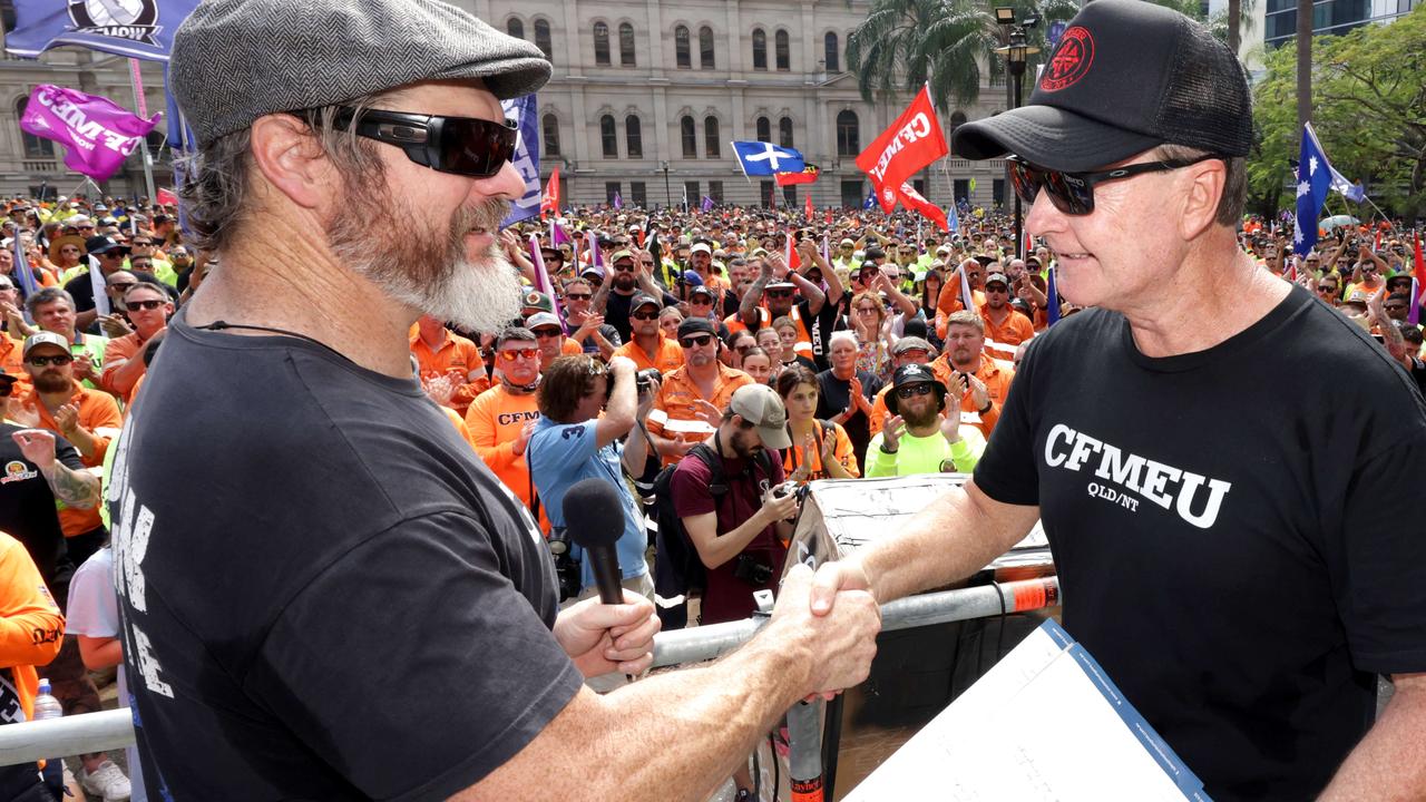 Jade Ingham with former Queensland Secretary Michael Ravbar at a rally in Brisbane’s CBD in August. Picture: Steve Pohlner