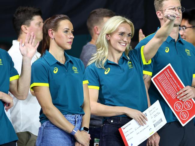 Brianna Throssell and Ariarne Titmus are seen during the Australian 2024 Paris Olympic Games swimming squad announcement at Brisbane Aquatic Centre. Picture: Getty Images