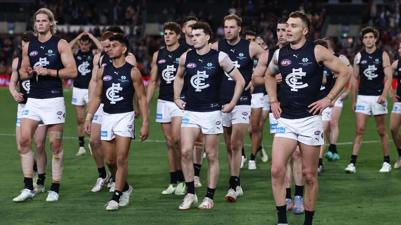 Patrick Cripps leads his side off the ground after a quiet preliminary final. Picture: Michael Klein