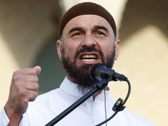 DAILY TELEGRAPH OCTOBER 7, 2024. Sheikh Wesam Charkawi speaking at the United Community Rally for Palestine and Lebanon being held at the Lakemba Mosque. Picture: Jonathan Ng