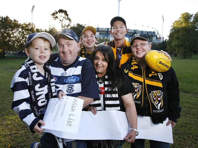 Footy fans calling on new AFL chief Gillon McLachlan to make changes to the league now he has taken over. Footy fans with a wish list for the new AFL chief, Tim Maloney and son Lauchie 5, Michael Coley, Voula Bitsikas, Brian Clarke and Emily Watts. Picture: David Caird.