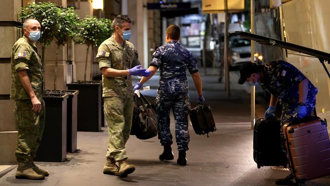 Members of the armed forces were brought in to help administer NSW’s hotel quarantine scheme. Picture: Toby Zerna