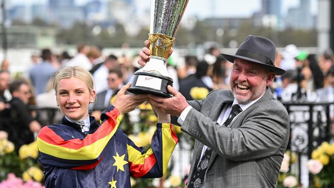 Jamie Kah and Andrew Gluyas after Goldrush Guru won the Penfolds Victoria Derby at Flemington Racecourse on November 02, 2024 in Flemington, Australia. (Photo by George Sal/Racing Photos via Getty Images)