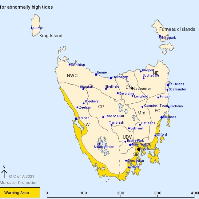 BOM has issued a severe weather warning for abnormally high tides along the South East coast of Tasmania.