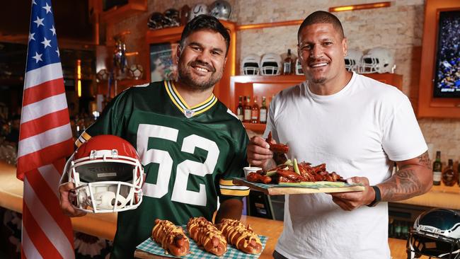 Justin Horo and Willie Mason, at The Stars 24/7 Sports Bar ahead of the NFL Super Bowl. The two are hosting the festivities, which were sold out in October. Picture: Justin Lloyd.