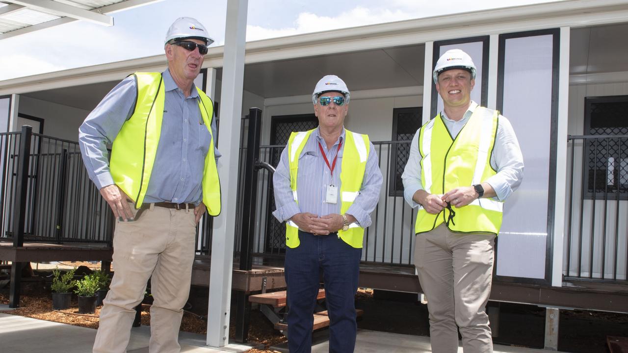 Denis Wagner (left) John Wagner and Deputy Premier Steven Miles, quarantine hub at Wellcamp Airport. Monday, December 20, 2021. Picture: Nev Madsen.