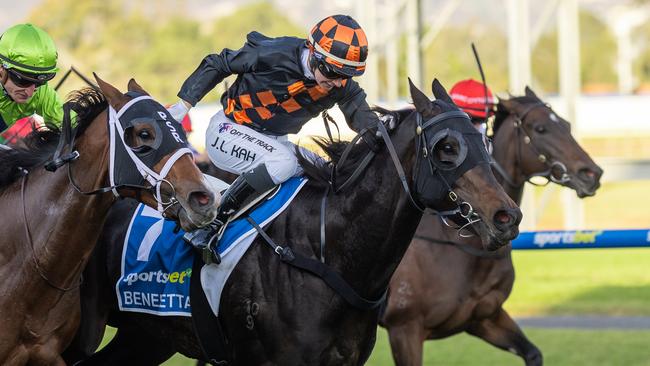 Jamie Kah rides Benedetta to victory in the Group 1 The Goodwood at Morphettville. Picture: Makoto Kankeko