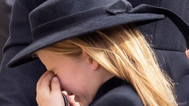 Princess Charlotte cries after the Queen’s funeral service. Picture: Phil Harris/AFP