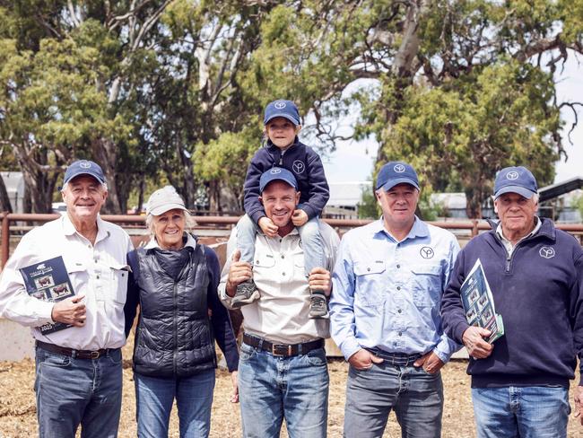 The Baiilieu family, l-r. Charlie, Sybil, Ruki with son Archie (4), Sam and Antony Ballieu. Yarram Park final bull sale. Pictures Nicole Cleary.