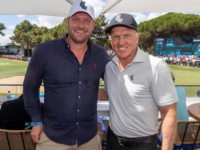 February 15, 2025: Deputy Leader of the Victorian Liberal Party Sam Groth with Greg Norman at Liv Golf Adelaide. Picture: Kelly Barnes