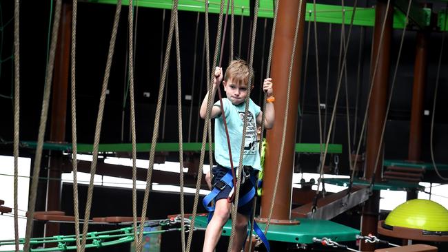 Blake Pushkey, 7, enjoys himself on the Gorilla Warrior course at The Jungle Adventure Play at Tingalpa. Picture: John Gass