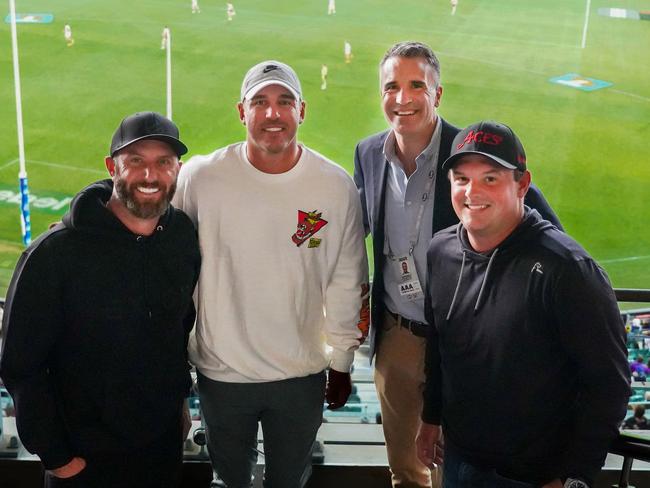 American golfers Dustin Johnson, left, Brooks Koepka  and Patrick Reed with Premier Peter Malinauskas  watching St Kilda v Collingwood match at Adelaide Oval Sunday 16 April, 2023. Picture: Supplied