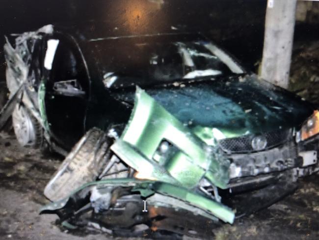 The wreckage of the car that Barney Wakes-Miller, 17, of Oxford Falls was fatally injured in when it crashed at Elanora Heights in July, 2020. Picture: Supplied