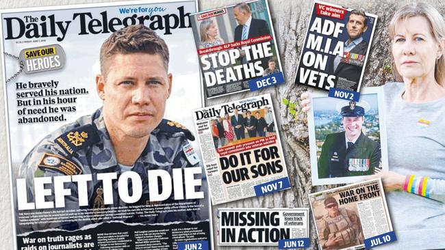 The Daily Telegraph Save Our Heroes campaign resulted in a national veteran suicide summit and kept the topic of a Royal Commission in the public domain. Julie-Ann Finney (far right) and her son Dave (left).