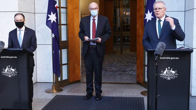 Prime Minister Scott Morrison (R) with Health Minister Greg Hunt and Professor John Skerritt. Picture: NCA NewsWire / Gary Ramage