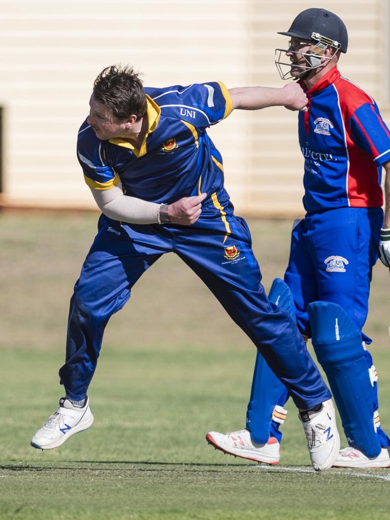 Adrian Delany bowls for University against Highfields. Picture: Kevin Farmer